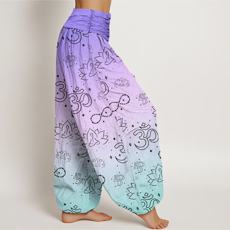 Pantalones harén con cintura elástica para mujer, con símbolo OM de Buddha Stones y figura de loto meditando, patrón de infinito - image 2