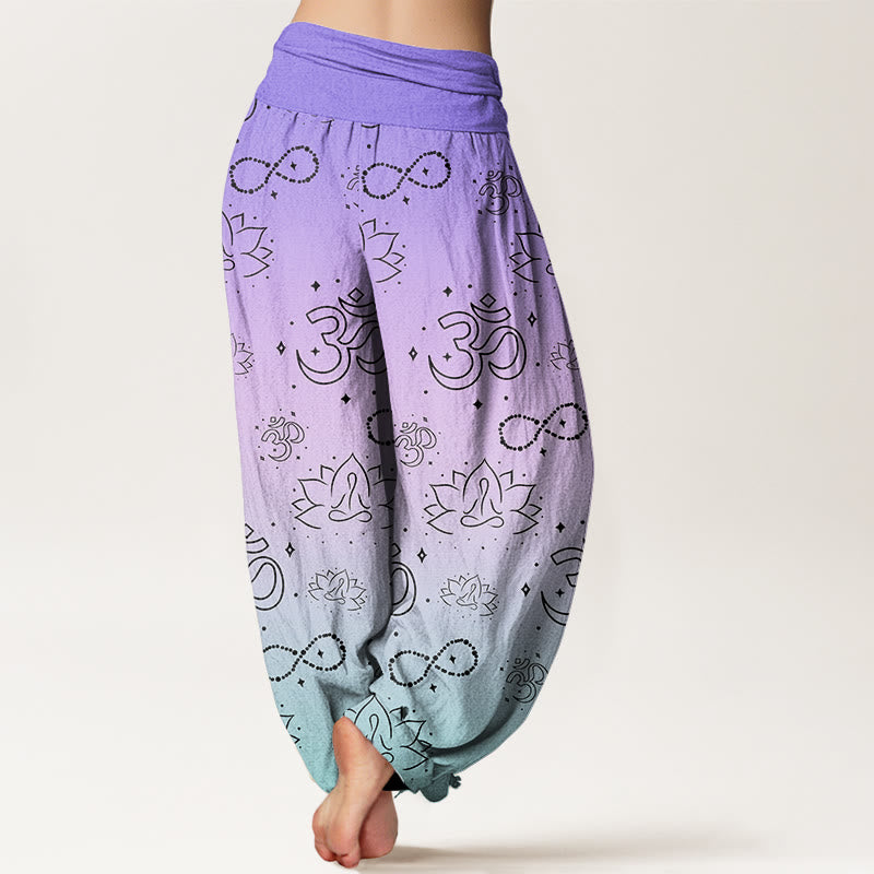 Pantalones harén con cintura elástica para mujer, con símbolo OM de Buddha Stones y figura de loto meditando, patrón de infinito - image 1