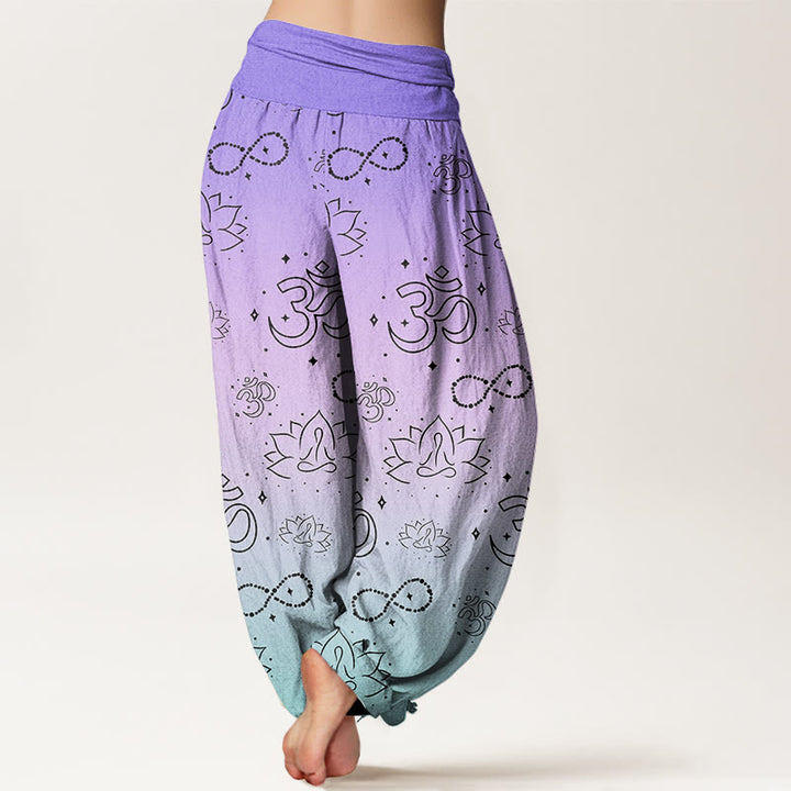 Pantalones harén con cintura elástica para mujer, con símbolo OM de Buddha Stones y figura de loto meditando, patrón de infinito - image 1