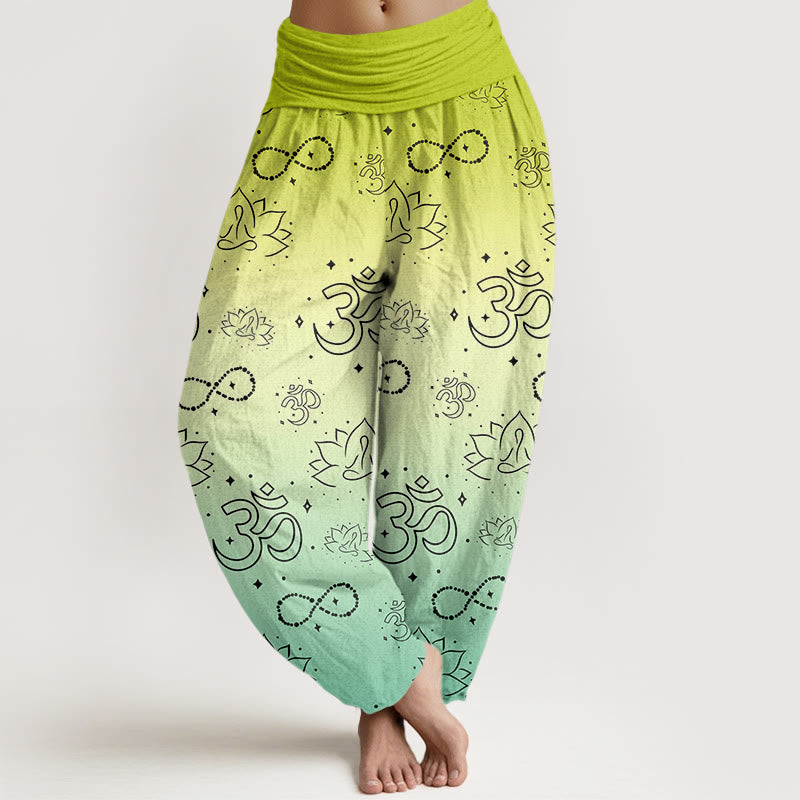 Pantalones harén con cintura elástica para mujer, con símbolo OM de Buddha Stones y figura de loto meditando, patrón de infinito - VerdeAmarillo - US22，UK/AU26，EU54 (6XL) - image 4