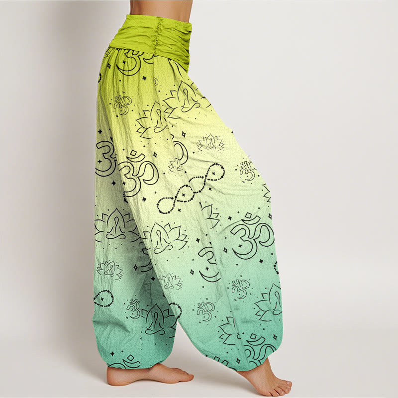 Pantalones harén con cintura elástica para mujer, con símbolo OM de Buddha Stones y figura de loto meditando, patrón de infinito - image 7