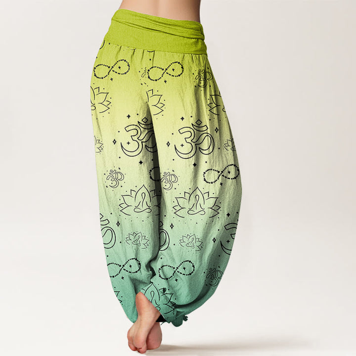 Pantalones harén con cintura elástica para mujer, con símbolo OM de Buddha Stones y figura de loto meditando, patrón de infinito - image 5