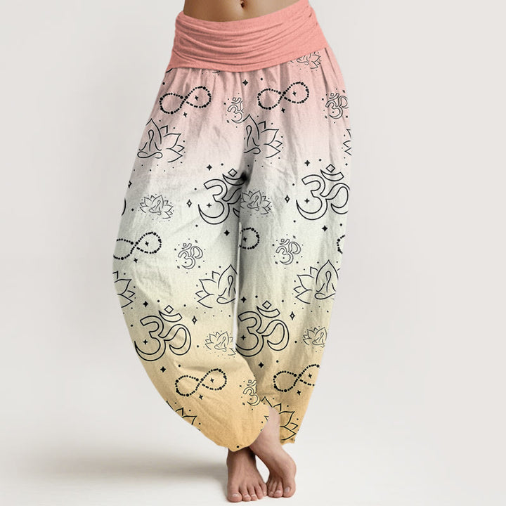 Pantalones harén con cintura elástica para mujer, con símbolo OM de Buddha Stones y figura de loto meditando, patrón de infinito - Beige - US22，UK/AU26，EU54 (6XL) - image 8
