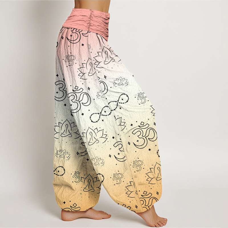 Pantalones harén con cintura elástica para mujer, con símbolo OM de Buddha Stones y figura de loto meditando, patrón de infinito - image 9