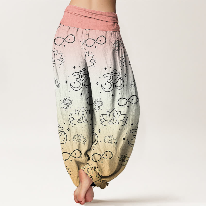 Pantalones harén con cintura elástica para mujer, con símbolo OM de Buddha Stones y figura de loto meditando, patrón de infinito - image 8