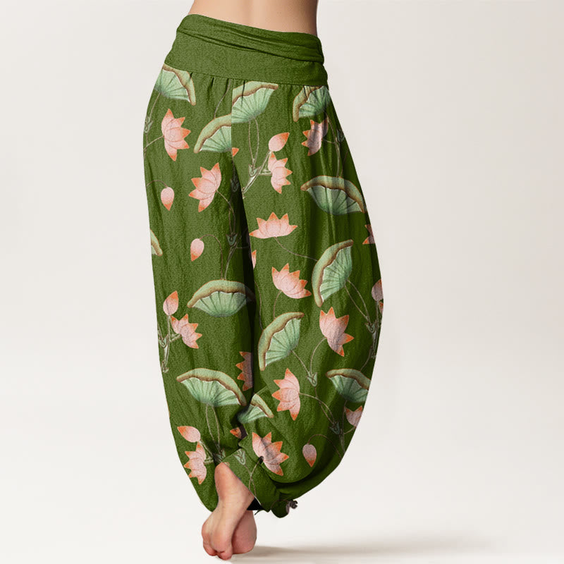 Pantalones harén de cintura elástica para mujer con estampado de hojas verdes exuberantes y flores de loto rosa y piedras de Buddha Stones - image 1