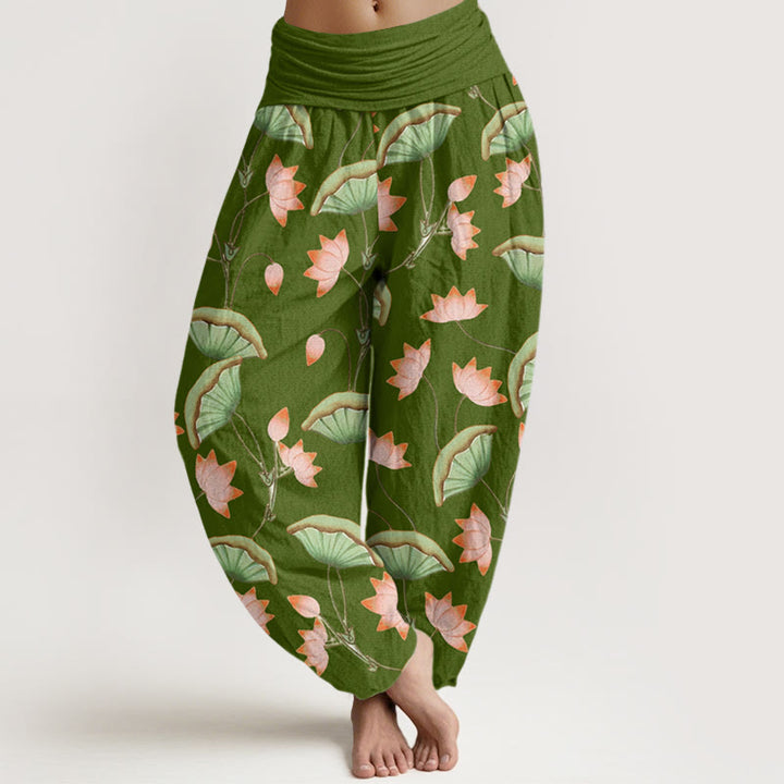Pantalones harén de cintura elástica para mujer con estampado de hojas verdes exuberantes y flores de loto rosa y piedras de Buddha Stones - Verde oliva - US22，UK/AU26，EU54 (6XL) - image 1