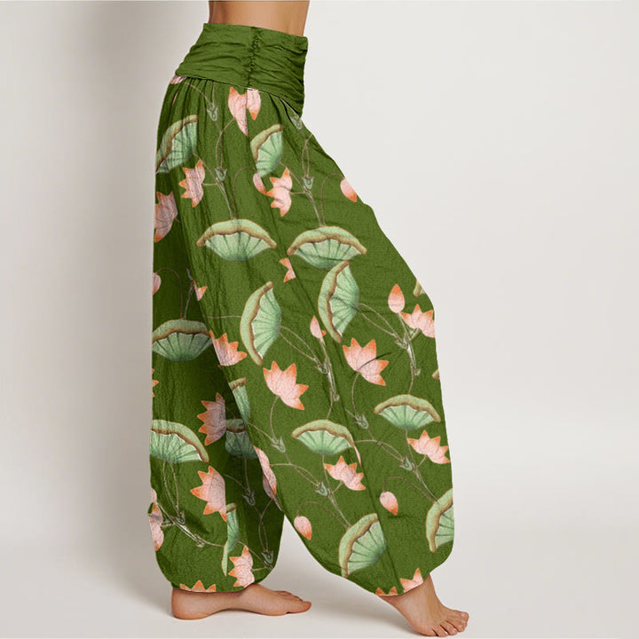 Pantalones harén de cintura elástica para mujer con estampado de hojas verdes exuberantes y flores de loto rosa y piedras de Buddha Stones - image 3