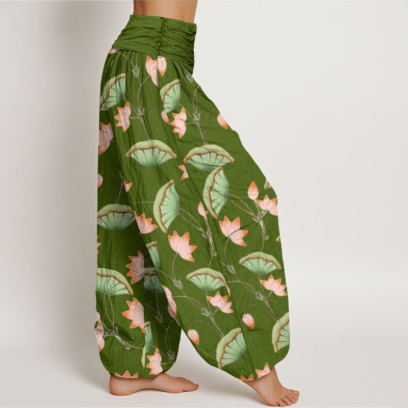 Pantalones harén de cintura elástica para mujer con estampado de hojas verdes exuberantes y flores de loto rosa y piedras de Buddha Stones - image 2