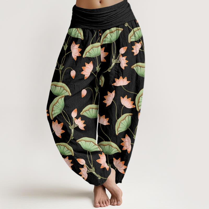 Pantalones harén de cintura elástica para mujer con estampado de hojas verdes exuberantes y flores de loto rosa y piedras de Buddha Stones - Negro - US22，UK/AU26，EU54 (6XL) - image 5