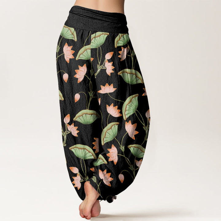 Pantalones harén de cintura elástica para mujer con estampado de hojas verdes exuberantes y flores de loto rosa y piedras de Buddha Stones - image 6