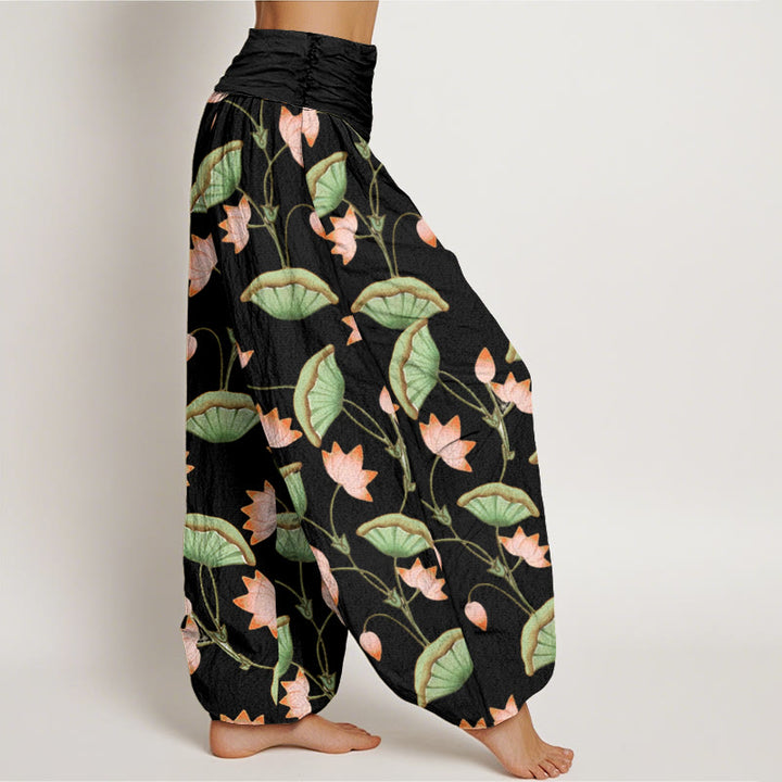 Pantalones harén de cintura elástica para mujer con estampado de hojas verdes exuberantes y flores de loto rosa y piedras de Buddha Stones - image 6