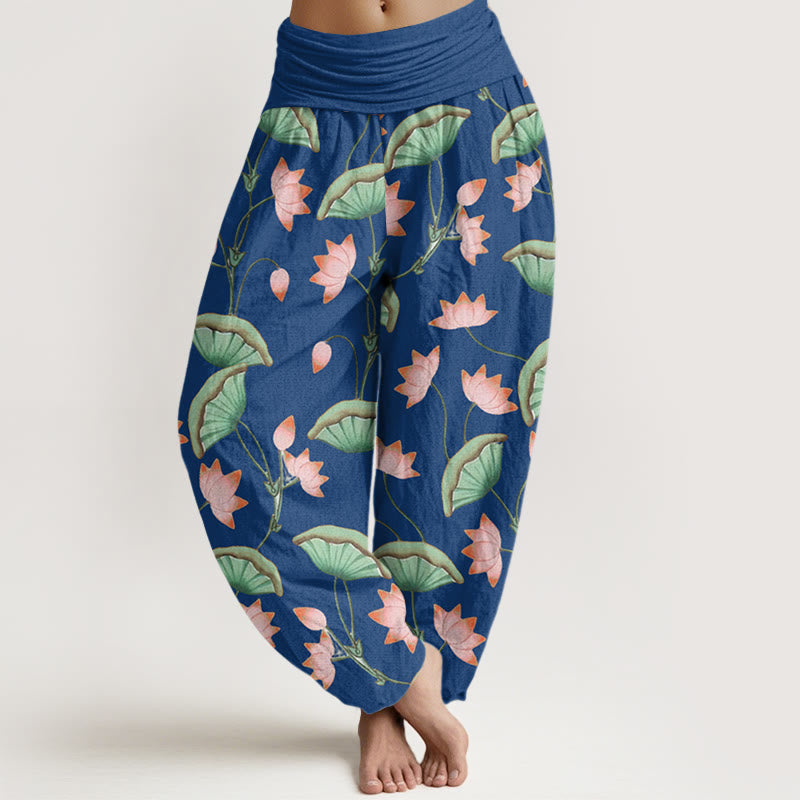 Pantalones harén de cintura elástica para mujer con estampado de hojas verdes exuberantes y flores de loto rosa y piedras de Buddha Stones - Azul acero - US22，UK/AU26，EU54 (6XL) - image 8