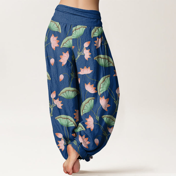 Pantalones harén de cintura elástica para mujer con estampado de hojas verdes exuberantes y flores de loto rosa y piedras de Buddha Stones - image 9