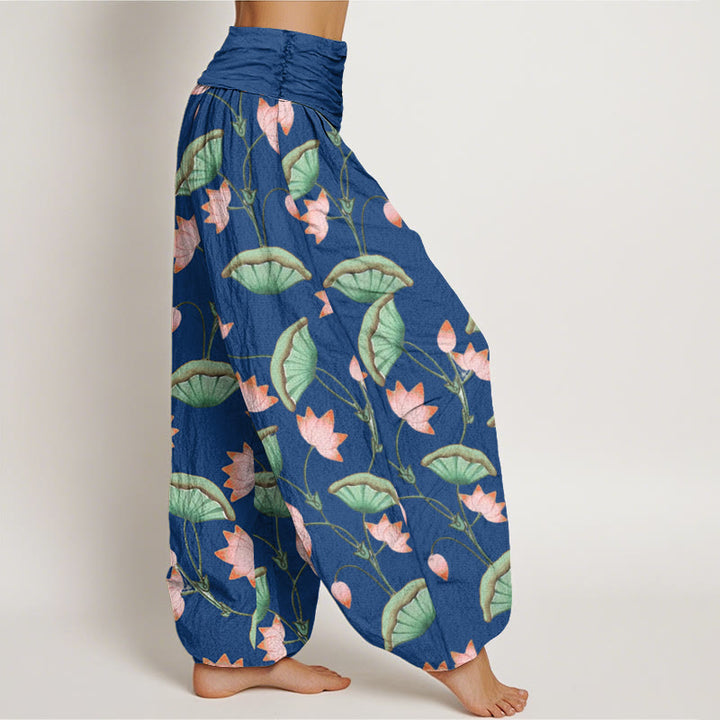 Pantalones harén de cintura elástica para mujer con estampado de hojas verdes exuberantes y flores de loto rosa y piedras de Buddha Stones - image 10