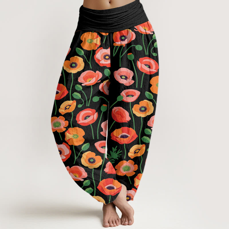 Pantalones harén con cintura elástica para mujer con estampado de flores rojas y naranjas y piedras de Buddha Stones - Negro - US22，UK/AU26，EU54 (6XL) - image 0