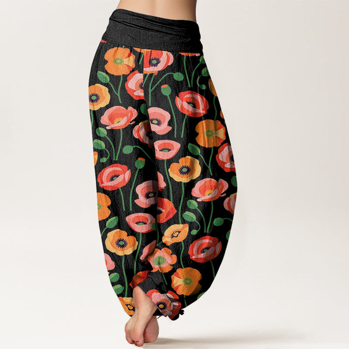 Pantalones harén con cintura elástica para mujer con estampado de flores rojas y naranjas y piedras de Buddha Stones - image 1