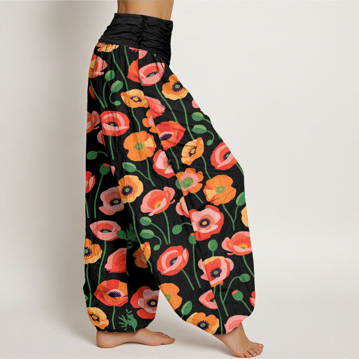 Pantalones harén con cintura elástica para mujer con estampado de flores rojas y naranjas y piedras de Buddha Stones - image 3