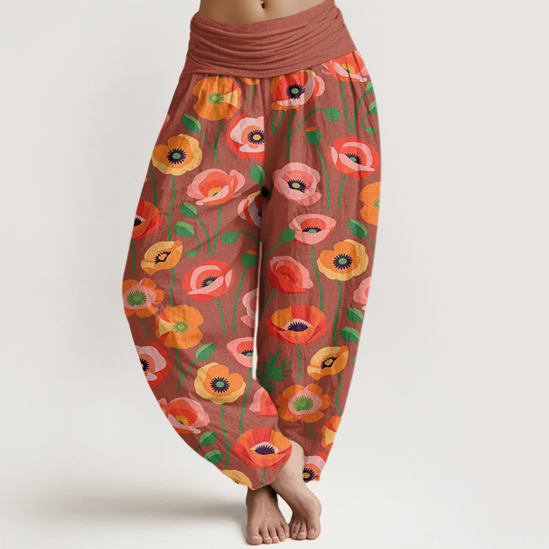 Pantalones harén con cintura elástica para mujer con estampado de flores rojas y naranjas y piedras de Buddha Stones - Coral claro - US22，UK/AU26，EU54 (6XL) - image 5
