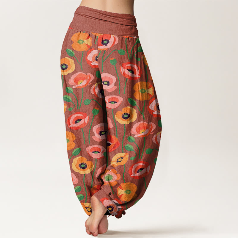 Pantalones harén con cintura elástica para mujer con estampado de flores rojas y naranjas y piedras de Buddha Stones - image 6
