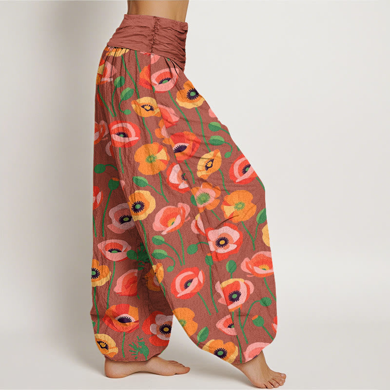 Pantalones harén con cintura elástica para mujer con estampado de flores rojas y naranjas y piedras de Buddha Stones - image 6