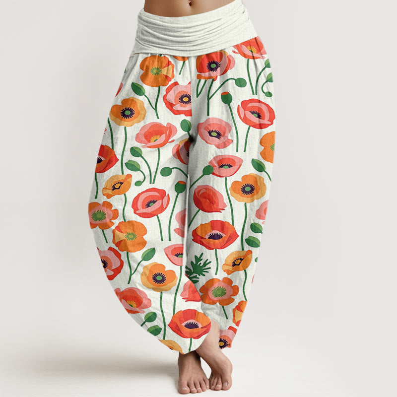 Pantalones harén con cintura elástica para mujer con estampado de flores rojas y naranjas y piedras de Buddha Stones - Beige - US22，UK/AU26，EU54 (6XL) - image 8