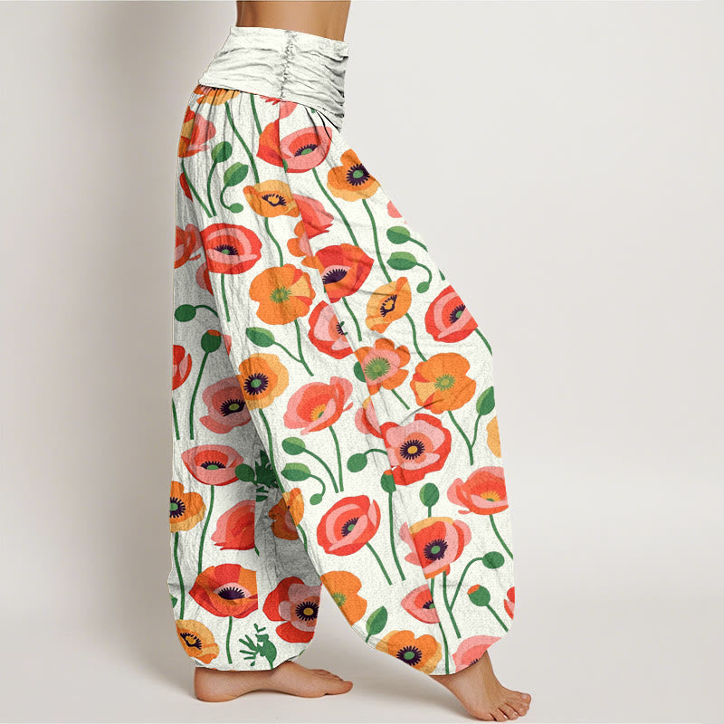 Pantalones harén con cintura elástica para mujer con estampado de flores rojas y naranjas y piedras de Buddha Stones - image 9