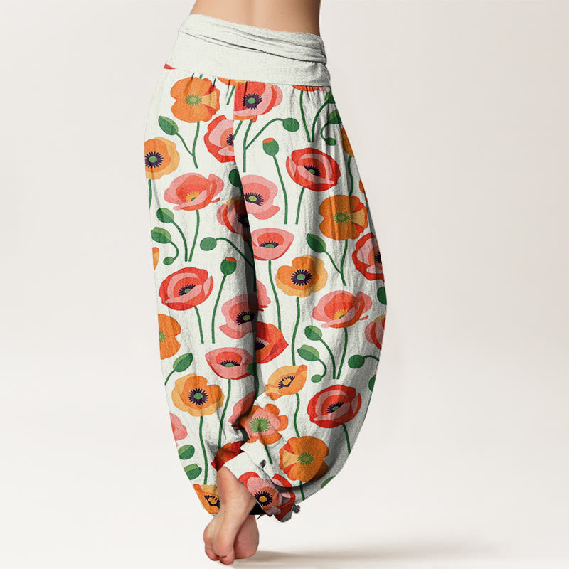 Pantalones harén con cintura elástica para mujer con estampado de flores rojas y naranjas y piedras de Buddha Stones - image 8