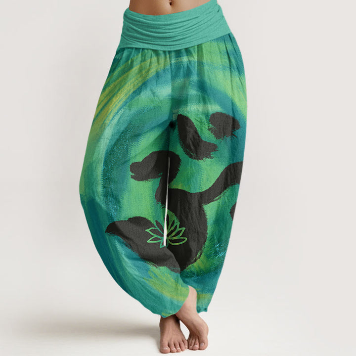 Pantalones harén con cintura elástica para mujer con estampado de flor de loto y símbolo OM de Buddha Stones - Verde mar claro - US22，UK/AU26，EU54 (6XL) - image 0