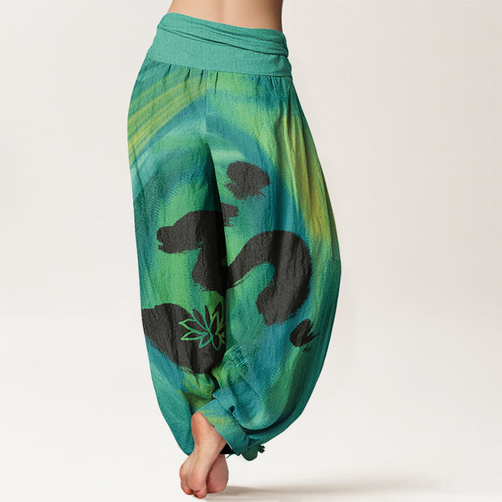 Pantalones harén con cintura elástica para mujer con estampado de flor de loto y símbolo OM de Buddha Stones - image 1