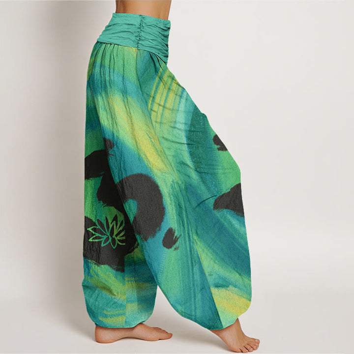 Pantalones bombachos de cintura elástica para mujer, de algodón, con estampado de flores de loto y símbolo OM con Buddha Stones . - image 2