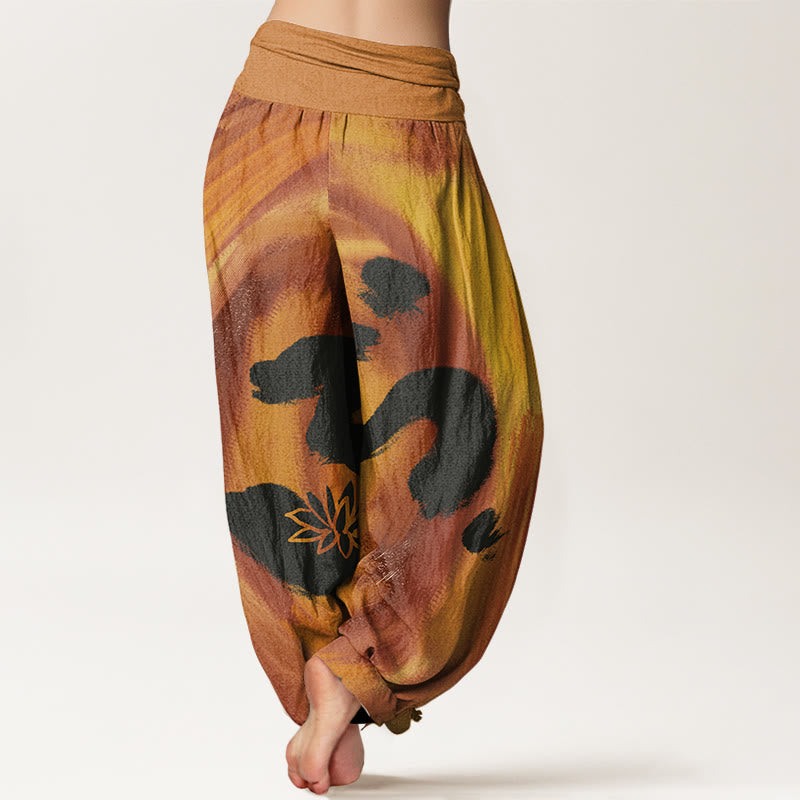 Pantalones bombachos de cintura elástica para mujer, de algodón, con estampado de flores de loto y símbolo OM con Buddha Stones . - image 5