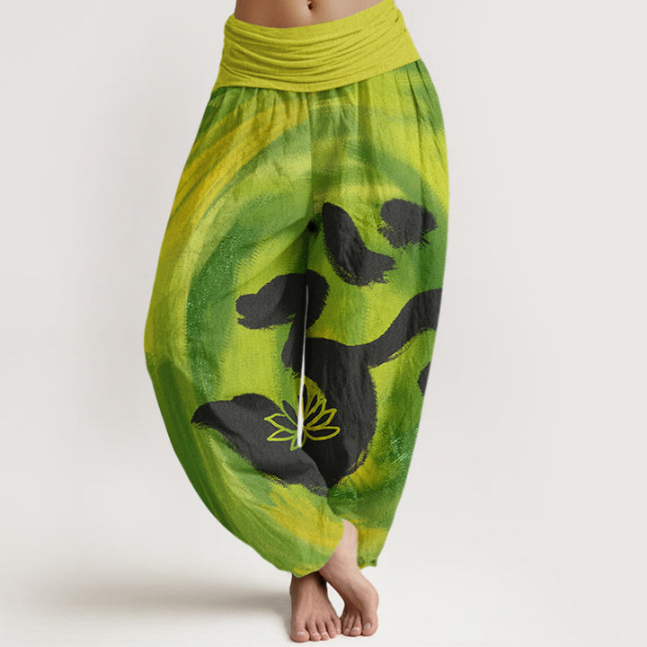 Pantalones bombachos de cintura elástica para mujer, de algodón, con estampado de flores de loto y símbolo OM con Buddha Stones . - AmarilloVerde - US22，UK/AU26，EU54 (6XL) - image 7