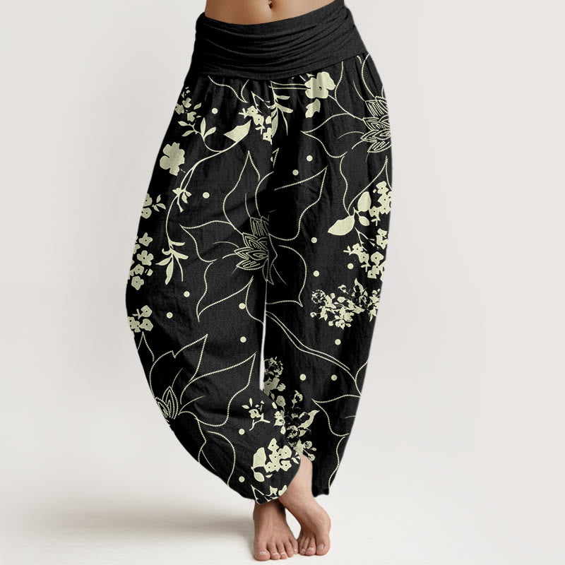 Pantalones harén de cintura elástica para mujer con estampado de flores de pétalos grandes en beige y piedras de Buddha Stones - Negro - US22，UK/AU26，EU54 (6XL) - image 5