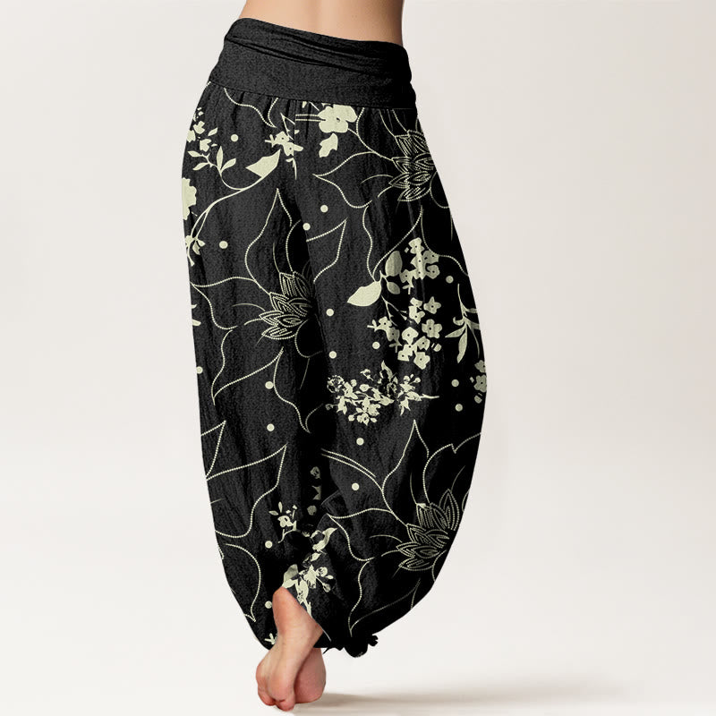 Pantalones harén de cintura elástica para mujer con estampado de flores de pétalos grandes en beige y piedras de Buddha Stones - image 5