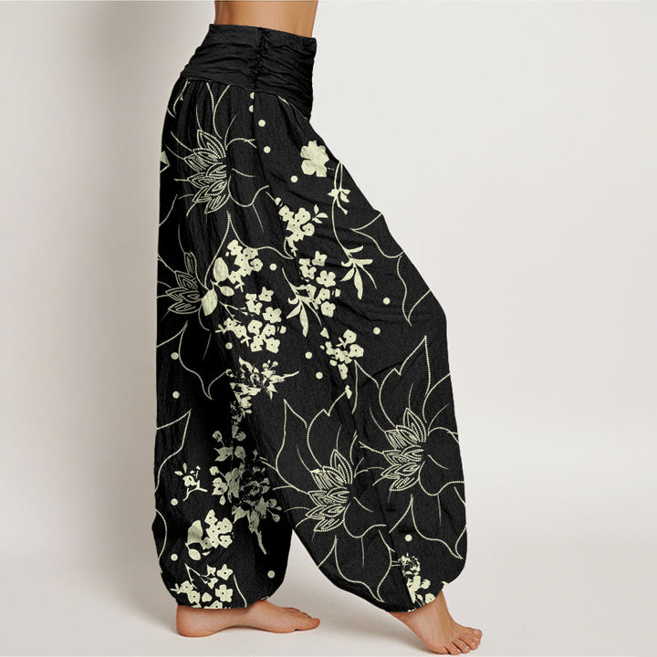 Pantalones harén de cintura elástica para mujer con estampado de flores de pétalos grandes en beige y piedras de Buddha Stones - image 7