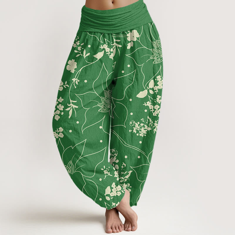 Pantalones harén de cintura elástica para mujer con estampado de flores de pétalos grandes en beige y piedras de Buddha Stones - Verdemar - US22，UK/AU26，EU54 (6XL) - image 7