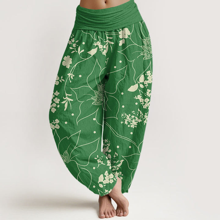 Pantalones harén de cintura elástica para mujer con estampado de flores de pétalos grandes en beige y piedras de Buddha Stones - Verdemar - US22，UK/AU26，EU54 (6XL) - image 8