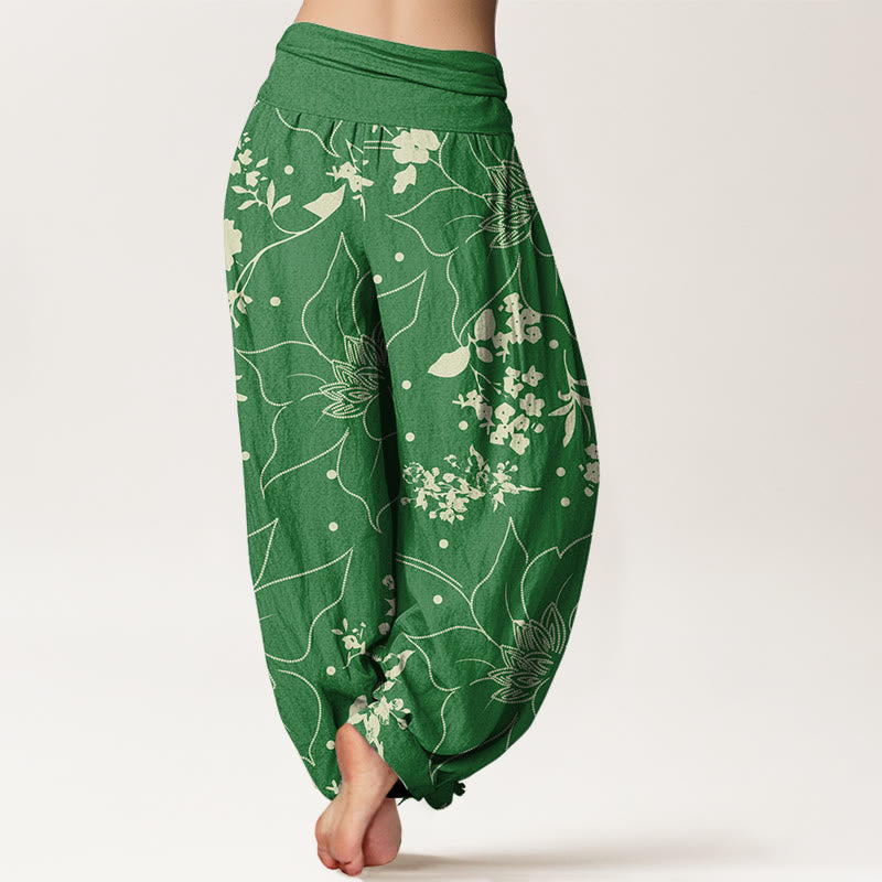 Pantalones harén de cintura elástica para mujer con estampado de flores de pétalos grandes en beige y piedras de Buddha Stones - image 9