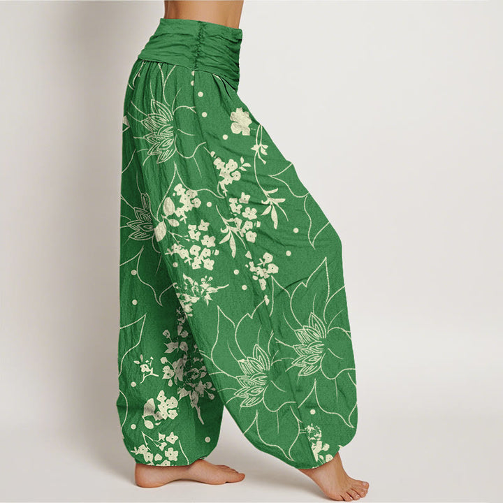 Pantalones harén de cintura elástica para mujer con estampado de flores de pétalos grandes en beige y piedras de Buddha Stones - image 10