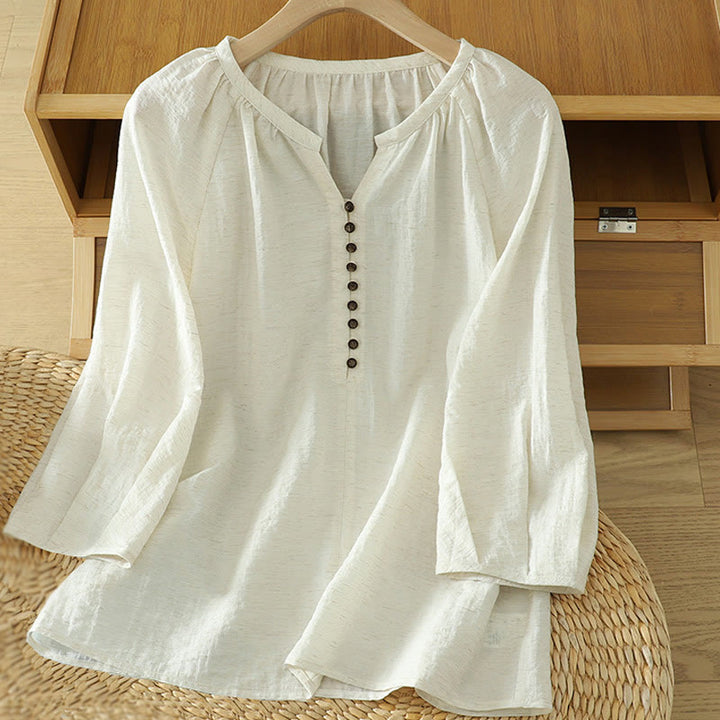 Camisa blanca lisa con botones y manga tres cuartos para mujer Buddha Stones