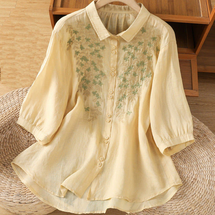 Camisa de mujer de media manga con botones de algodón y bordado de hojas y Buddha Stones