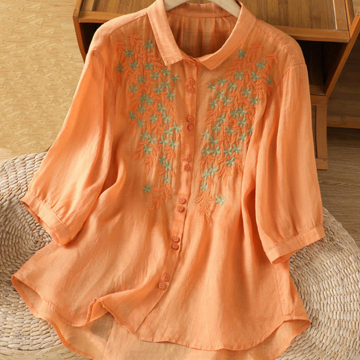 Camisa de mujer de media manga con botones de algodón y bordado de hojas y Buddha Stones
