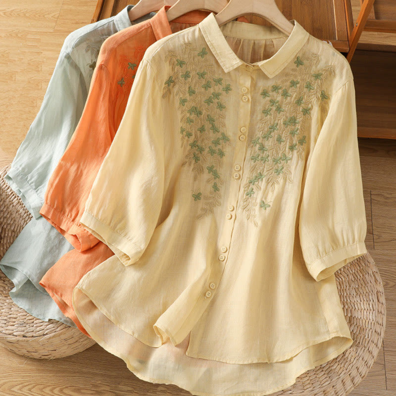 Camisa de mujer de media manga con botones de algodón y bordado de hojas y Buddha Stones