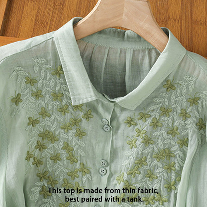 Camisa de mujer de media manga con botones de algodón y bordado de hojas y Buddha Stones
