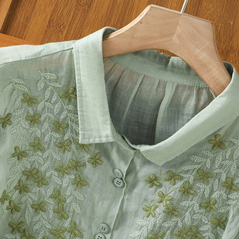 Camisa de mujer de media manga con botones de algodón y bordado de hojas y Buddha Stones
