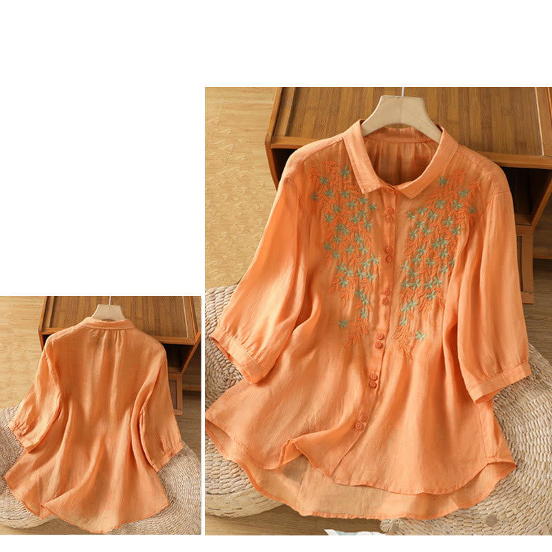 Camisa de mujer de media manga con botones de algodón y bordado de hojas y Buddha Stones