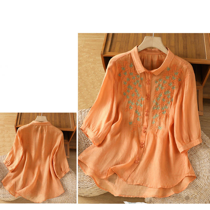 Camisa de mujer de media manga con botones de algodón y bordado de hojas y Buddha Stones