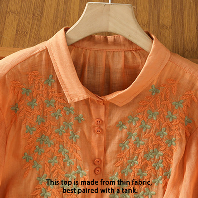 Camisa de mujer de media manga con botones de algodón y bordado de hojas y Buddha Stones