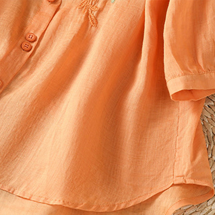 Camisa de mujer de media manga con botones de algodón y bordado de hojas y Buddha Stones